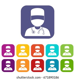 Doctor with mask icons set vector illustration in flat style In colors red, blue, green and other