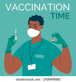 Doctor in mask, latex gloves with syringe and vaccine in his hands. Vaccination time. Vector illustration. Cartoon. Flat.