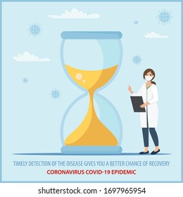 Doctor in mask near hourglass. Coronavirus covid-19 concept. Timely detection of the disease gives you a better chance of recovery - creative banner. Vector illustration in flat style