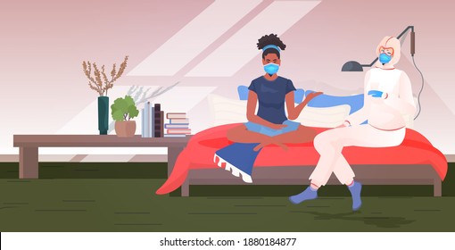 doctor in mask and protective suit examining african american woman patient on bed covid-19 pandemic concept home bedroom interior horizontal full length vector illustration