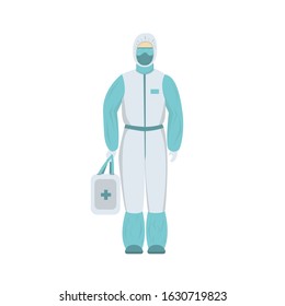 Doctor in a mask and protective suit holds emergency medical case. Health and medicine concept. Flat vector illustration.