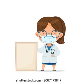 Doctor in mask and robe points to a tablet. Vector postcard in cartoon style for design, print, patterns