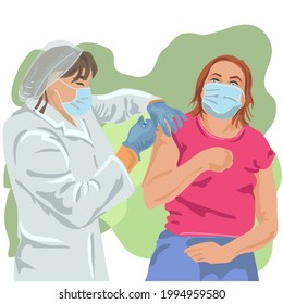 Doctor in a mask and robe vaccinates against coronavirus to a masked woman. Vector illustration