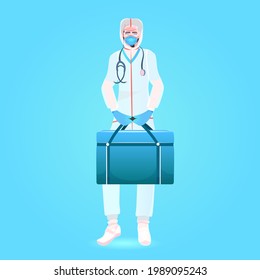 doctor in mask and safety uniform holding first aid kit fight against covid-19 coronavirus pandemic concept