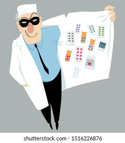 Doctor in a mask selling black market drugs, EPS 8 vector illustration