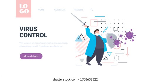 doctor in mask with shield and sword fighting against coronavirus cells covid-19 virus control concept horizontal copy space full length vector illustration