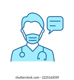 Doctor in Mask with Speech Bubble Consultation Concept Line Icon. Physician Talking Color Pictogram. Healthcare Chat Outline Icon. Medic Conversation. Editable Stroke. Isolated Vector Illustration.