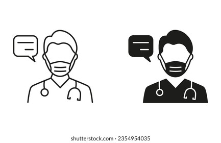 Doctor in Mask with Speech Bubble Consultation Concept Line and Silhouette Icon Set. Physician Talking Pictogram. Healthcare Chat, Medic Conversation Symbol Collection. Isolated Vector Illustration.