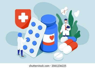 Doctor in a mask standing in the drugstore with medicine bottle and pills. Pharmacist choosing medications. Pharmacy store for heart protection isometric vector illustration.