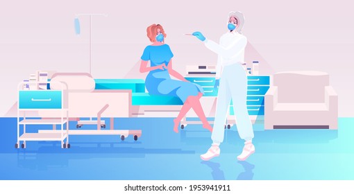 doctor in mask taking swab test for coronavirus sample from woman patient PCR diagnostic procedure covid-19