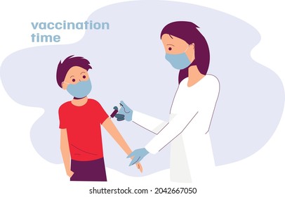 A doctor in a mask vaccinates a child, a boy from covid-19, the boy will be healthy, vaccination time