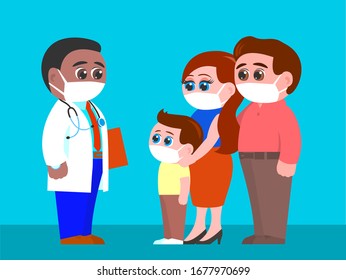Doctor and masked family during an epidemic. Father, mother and little son turned for help. Therapist in medical uniform. Cartoon vector illustration.