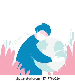 Doctor a masked man or woman embraces a planet on an isolated white background. A young medical worker in uniform takes care of people's health. Vector colorful flat illustration in cartoon style.