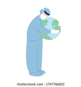 Doctor a masked man or woman embraces a planet on an isolated white background. A young medical worker in uniform takes care of people's health. Vector colorful illustration in cartoon style.