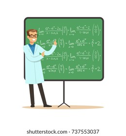 Doctor of mathematical sciences stands next to blackboard with formulas