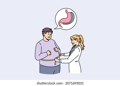 Doctor Measure Fat Obese Male Patient Belly Prepare For Bariatric Surgery. Female Surgeon Or Dietician Examine Overweight Man Waist. Diet, Obesity Concept. Weight Loss Medicine. Vector Illustration. 