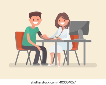 Doctor Measures The Blood Pressure Patient. Vector Illustration