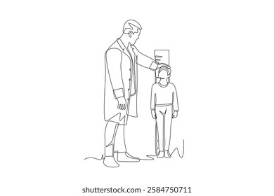 Doctor measures boy's height. Measuring a patient's height weight waist concept one-line drawing