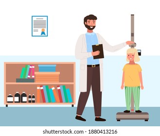 Doctor measures the child's height. Little patient on consultation in the therapist's office. Girl on medical check-up with male pediatrician doctor. Physical examination of the process of growing