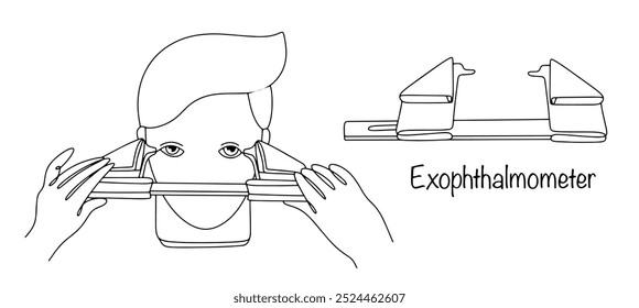 The doctor measures the patient's eye position relative to normal. Nearby is an instrument used in ophthalmology to determine the degree of displacement of the eyeball or its retraction. Vector.
