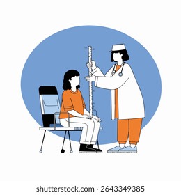 Um médico mede a altura de um paciente usando uma haste de altura em um ambiente clínico. O paciente está sentado durante a medição.
