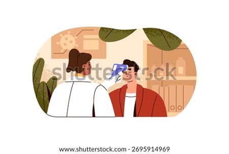 Doctor measures patient's temperature with electronic thermometer. Medic examines person with equipment in clinic. Physician does medical checkup. Flat isolated vector illustration on white background
