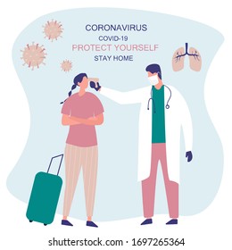 Doctor Measures Temperature
in the Airport.Stay Home.Keeping Distance for Decrease Infection Risk For Prevent Virus Covid-19.
Stay Home on Quarantine During  Coronavirus Epidemic.Vector Illustration