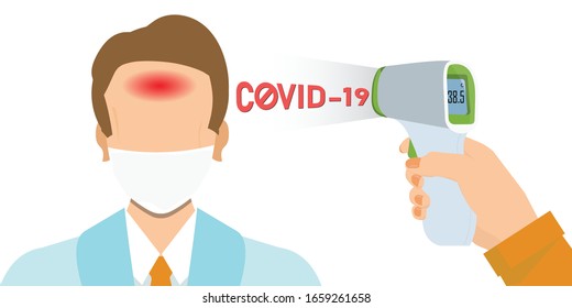 A doctor measures the temperature of a man in a medical mask with Medical Digital Infrared Thermometer. Coronavirus 2019-nCoV epidemic outbreak. covid-19 checkpoint, concept vector illustration.