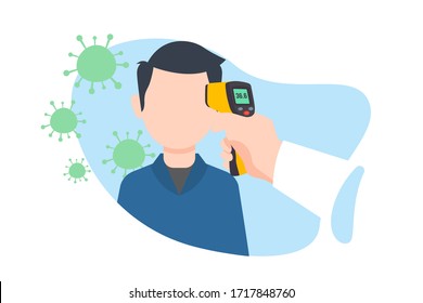 A doctor measures the temperature of a man in a medical mask. Novel Wuhan coronavirus 2019-nCoV epidemic outbreak. Medical Digital Non-Contact Infrared Thermometer, covid-19 checkpoint
