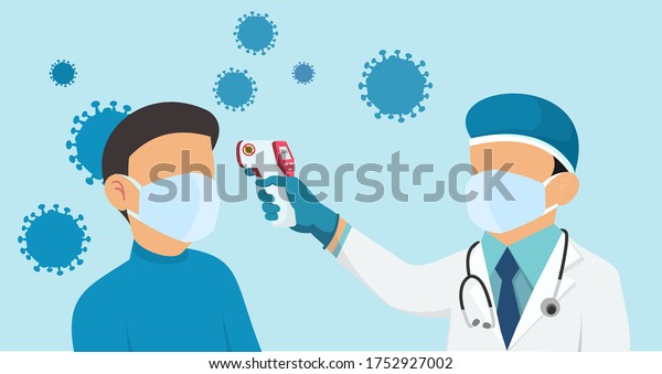 Doctor Measures Temperature Man Medical Mask Stock Vector (Royalty Free ...