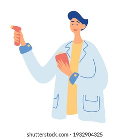 A doctor measures the temperature. Non-contact temperature measurement in humans. Coronavirus protection, health care. Vector illustration in a flat style