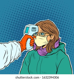 A doctor measures the temperature of a woman in a medical mask. Novel Wuhan coronavirus 2019-nCoV epidemic outbreak. Pop art retro vector illustration 50s 60s style