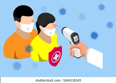 A doctor measures the temperature of a woman in a medical mask. Novel Wuhan coronavirus 2019-nCoV epidemic outbreak. Medical Digital Non-Contact Infrared Thermometer, covid-19 checkpoint