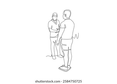 Doctor measures the weight of an adult male. Measuring a patient's height weight waist concept one-line drawing