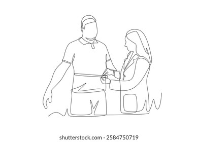 The doctor measures the width of the father's body. Measuring a patient's height weight waist concept one-line drawing