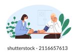 Doctor measuring blood pressure of patient. Physician checking heart health with tonometer in hospital. Man at appointment. Medical checkup. Flat vector illustration isolated on white background