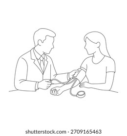 Médico que mede a pressão arterial do paciente usando um esfigmomanômetro em uma ilustração de consulta médica