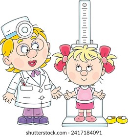 Doctor measuring a growth of a little girl during a medical examination in a pediatric polyclinic, vector cartoon illustration isolated on a white background