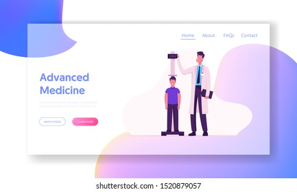 Doctor Measuring Height of Boy Website Landing Page. Professional General Medical Pediatrician with Child Patient. Physician Check Up Kid in Hospital Web Page Banner. Cartoon Flat Vector Illustration