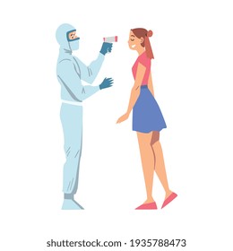 Doctor Measuring Temperature of Girl Using Body Scanner, Medical Professional in Protective Suit Checking Temperature to Scrub Coronavirus Infection Vector Illustration