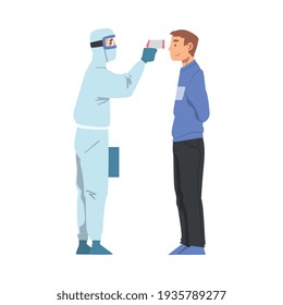 Doctor Measuring Temperature of Man with Infrared Thermometer, Medical Professional Checking Temperature to Control Coronavirus Infection Cartoon Style Vector Illustration