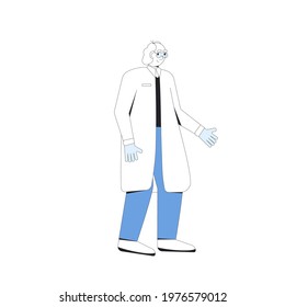 Doctor, medic. Male character wearing in uniform standing isolated on a white background. Medical staff. Vector color line art illustration. 