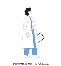 Doctor, medic. Male character wearing in mediacl or lab uniform standing isolated on a white background. Medical staff. Vector color line art illustration. 