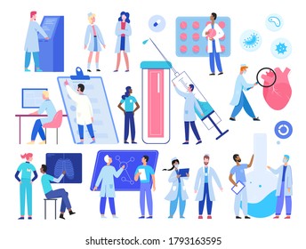 Doctor medic people work vector illustration set. Cartoon flat hospital worker staff characters working in clinic, tiny researcher scientists researching in science medicine laboratory collection