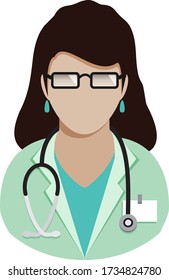 Doctor Medic woman European in glasses with stethoscope avatar flat icon isolated on white background. Medical doctor therapist professional hospital worker. Vector illustration