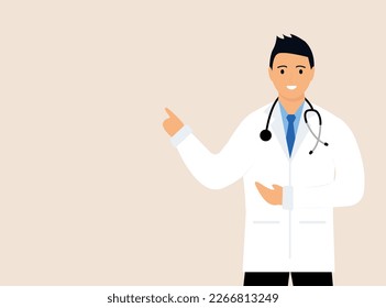 Doctor. Medical advice and support. The doctor points with his hands to the place for the text. Medical services, consult your doctor. Family female doctor. Vector for clinic website, app