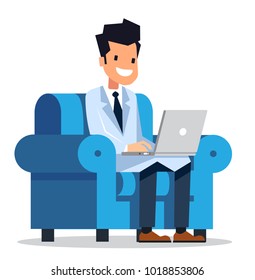 Doctor or medical adviser sitting in an armchair with laptop. Vector character design isolated on white background.
