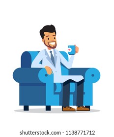 Doctor or medical adviser sitting in an armchair with coffee. Vector character design isolated on white background.