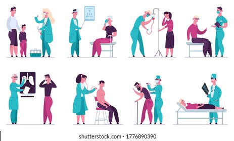 Doctor medical appointment. Medical check up, hospital health care, ultrasound and vaccination, clinic vector illustration set. Medical diagnosis hospital collection