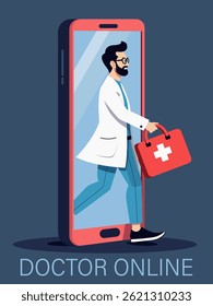 Um médico com um casaco branco sai de uma tela de smartphone, representando telemedicina e assistência médica remota. Ele carrega uma bolsa vermelha com uma cruz branca. O fundo azul escuro apresenta o texto 